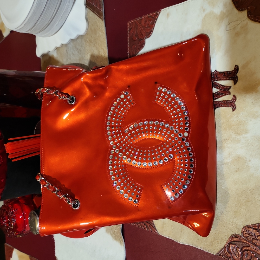 Chanel red patent crystal purse bag